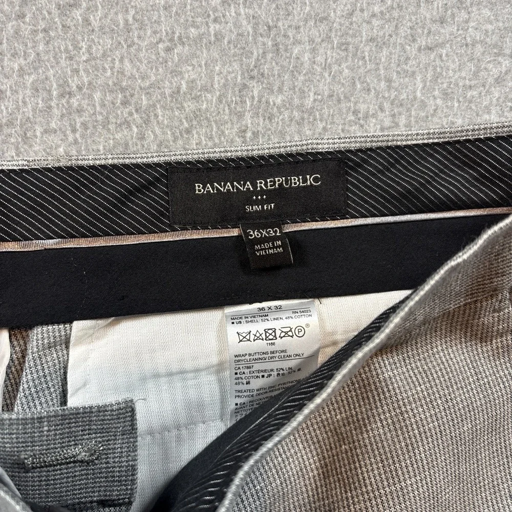 Banana Republic Slim Fit Men's 36x32 Linen Cotton Gray Micro Square Pattern Pant